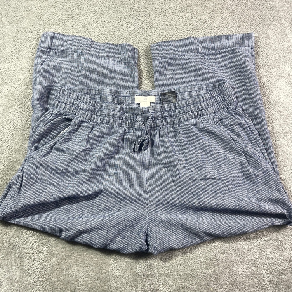 H&M Women's Size 12 Blue Striped Linen Blend Cropped Wide Leg‎ Drawstring Pants